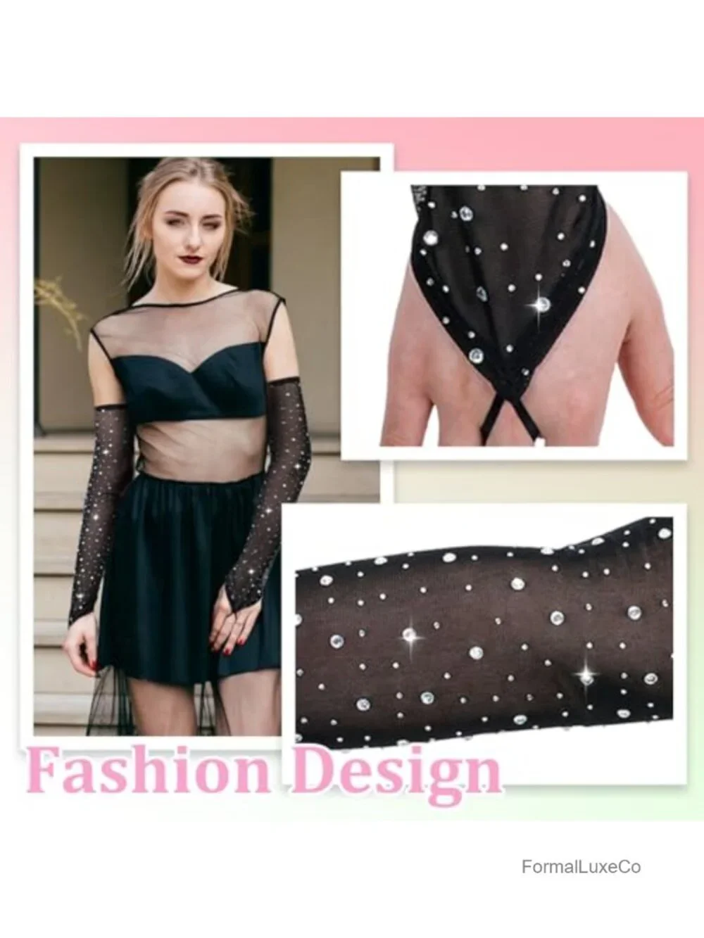 Sparkly Rhinestone Fingerless Long Mesh Gloves Elbow Length Tulle Glove